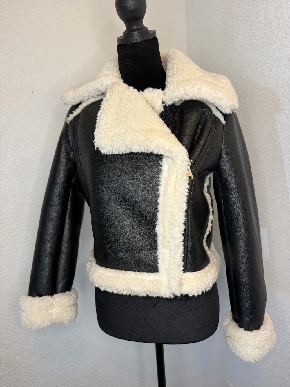 Fashion Nova Black Faux Leather Jacket with Cream Shearling Trim